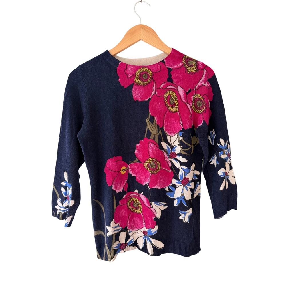 Talbots Pure Cashmere Floral Poppy Sweater Navy Pink Green | Size M